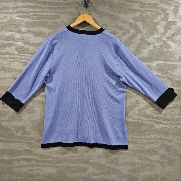 Misook SZ L Periwinkle 3/4 Sleeve Open Front Black Trim Dressy Cardigan - Picture 3 of 8